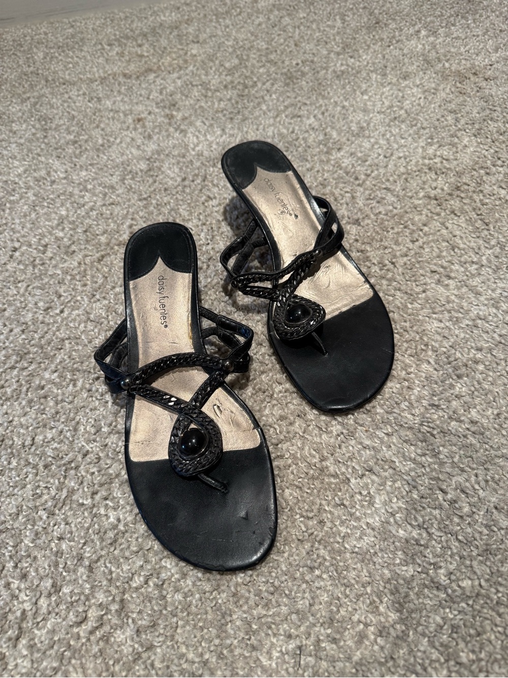 Black Leather Beaded Kitten Heel Sandals by daisy fuentes